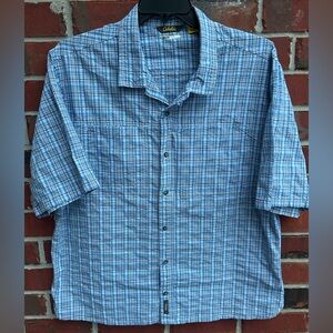 Cabela’s Cool Max Mens Short Sleeve Button Down Blue & White XL Outdoor Shirt Z7